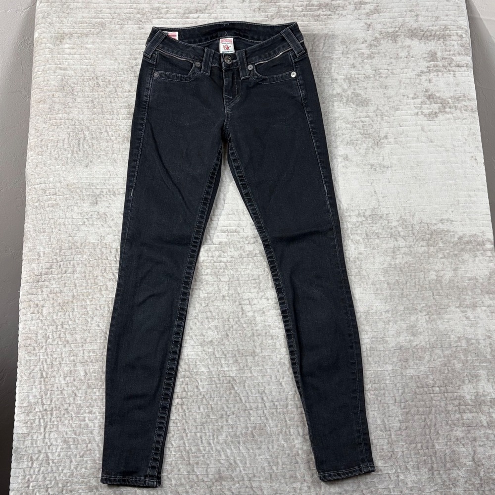 True Religion Halle Skinny Jeans Womens 24 Black Zipper Pocket Made in USA Denim